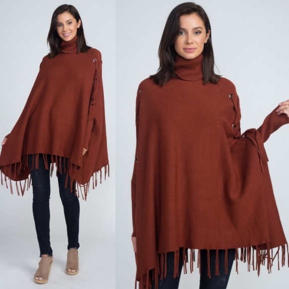 Fashionomics Sweaters - Turtleneck Fringe Poncho with tied sleeves Fashionomics Sweaters - Turtleneck Fringe Poncho with tied sleeves